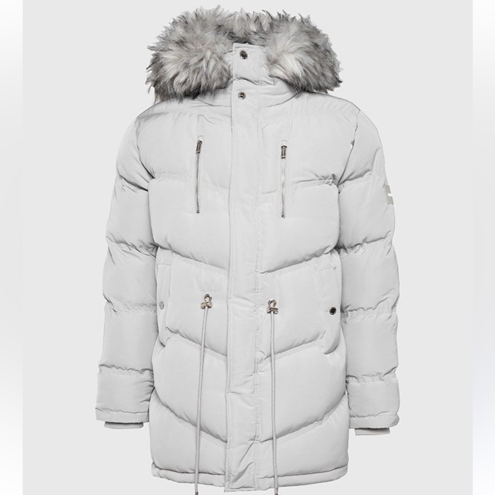 Maniere de voir Cream Puffer Coat with Fur Hood | Size XL